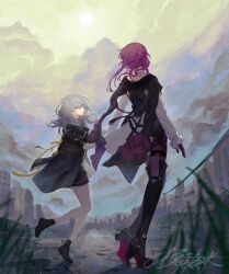 Rule 34 | 2girls, autrisan, black footwear, black jacket, black shorts, boots, building, chinese commentary, city, cloud, cloudy sky, colored shoe soles, commentary request, day, facing away, frilled sleeves, frills, full body, gloves, grass, grey hair, high heels, highres, holding hands, honkai: star rail, honkai (series), jacket, jacket on shoulders, kafka (honkai: star rail), leg up, long sleeves, looking at another, medium hair, multiple girls, outdoors, pantyhose, parted lips, ponytail, purple gloves, purple hair, purple pantyhose, shirt, shorts, signature, sky, standing, stelle (honkai: star rail), sun, thigh boots, thigh strap, trailblazer (honkai: star rail), white shirt, yellow eyes, yellow sky