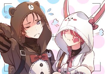 1boy 1girl :t animal_hood arm_behind_head bear_hood blue_eyes bow bowtie cross-shaped_pupils highres hood hood_over_one_eye hood_up identity_v looking_at_viewer low_ponytail melly_plinius melly_plinius_(cony) naib_subedar naib_subedar_(brown) official_alternate_costume one_eye_closed onesie paw_print pink_eyes pink_hair ponytail portrait rabbit_hood red_bow red_bowtie short_ponytail stitched_mouth stitches symbol-shaped_pupils tennensui_(midorinokaibutu4500) turtleneck