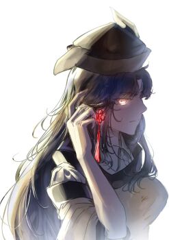 1girl alternate_hair_color backlighting black_hair black_hat blonde_hair breasts buttons closed_mouth collared_shirt commentary detached_sleeves earrings english_commentary flower_earrings hand_up hat highres jewelry kaogumaster large_breasts long_hair long_sleeves looking_at_viewer matara_okina multicolored_hair okina's_natural_hair_color orange_sleeves orange_tabard parted_bangs pink_eyes shirt sidelocks simple_background solo tabard tassel tassel_earrings touhou two-tone_hair upper_body white_background white_shirt wide_sleeves