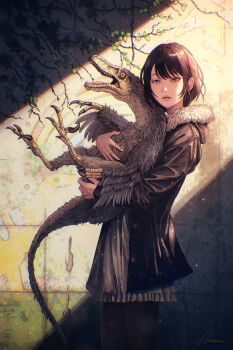 1girl absurdres animal black_thighhighs brown_eyes brown_hair claws commentary cowboy_shot dinosaur dress english_text expressionless feathered_dinosaur feathered_wings fur-trimmed_jacket fur_trim graffiti grey_dress highres hiromumaru holding holding_animal hood hood_down hooded_jacket jacket light_particles looking_at_viewer open_clothes open_jacket open_mouth original parted_lips plant prehistoric_animal rainbow raptor sharp_teeth short_hair signature solo standing swept_bangs talons teeth thighhighs tile_wall tiles tongue velociraptor vines wings