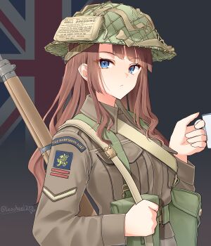 1girl absurdres ammunition_pouch artist_name belt blonde_hair bolt_action breast_pocket british_army brodie_helmet brown_hair brown_jacket combat_helmet commentary cup first_aid_kit flag_background green_belt green_hat gun gun_sling hat helmet highres holding holding_cup holding_gun holding_weapon invasion_of_normandy jacket lee-enfield leochan1202 long_hair looking_at_viewer military military_combat_uniform military_rank_insignia military_uniform original patch pocket pouch rifle shoulder_patch sidelocks solo union_jack unit_patch upper_body weapon world_war_ii