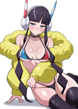 1girl absurdres bikini black_hair blue_eyes blunt_bangs breasts collarbone elesa_(pokemon) hashira_14 headphones highleg highleg_bikini highres jacket long_hair multicolored_hair nintendo o-ring o-ring_bikini pokemon pokemon_bw2 shiny_skin sidelocks simple_background solo streaked_hair swimsuit white_background white_hair yellow_jacket