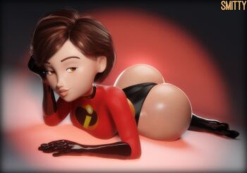 1girl 3d artist_name ass ass_focus black_gloves boots breasts brown_eyes brown_hair curvy elastigirl elbow_gloves full_body gloves helen_parr highres huge_ass large_breasts looking_at_viewer mature_female medium_hair smile smitty solo superhero_costume the_incredibles wide_hips
