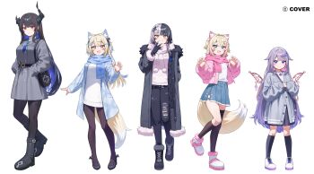5girls absurdres animal_ears asymmetrical_footwear asymmetrical_horns bandaid bandaid_on_knee bandaid_on_leg black_boots black_coat black_hair black_horns black_nails black_pants black_pantyhose black_socks black_thighhighs blonde_hair blue_coat blue_nails blue_scarf blue_shirt blush boots breasts cardigan closed_mouth coat colored_inner_animal_ears colored_inner_hair company_name copyright_notice deaver dog_ears dog_girl dog_tail earrings fingernails fuwawa_abyssgard grey_sweater highres holoadvent hololive hololive_english horns jacket jewelry korean_commentary koseki_bijou large_breasts long_hair long_sleeves looking_at_viewer medium_hair mismatched_footwear mococo_abyssgard multicolored_hair multiple_girls nail_polish nerissa_ravencroft open_mouth pants pantyhose pink_boots pink_eyes pink_hair pink_jacket pink_nails pleated_skirt pom_pom_(clothes) purple_cardigan purple_eyes purple_hair red_eyes scarf shiori_novella shirt simple_background skirt sleeves_past_wrists smile socks split-color_hair sweater tail thighhighs two-tone_hair two_side_up uneven_horns virtual_youtuber white_background white_hair white_sweater yellow_eyes yellow_tail