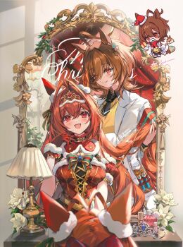 2girls :d agnes_tachyon_(tach-nology)_(umamusume) agnes_tachyon_(umamusume) ahoge animal_ears black_necktie bottle bow brown_hair chibi chibi_inset commentary_request daiwa_scarlet_(scarlet_nuit_etoile)_(umamusume) daiwa_scarlet_(umamusume) desk_lamp detached_collar dress ear_covers earrings fake_facial_hair fake_mustache fang female_pov flower fur-trimmed_collar fur-trimmed_headwear fur_trim gift gloves green_bow guinea_pig hair_between_eyes hand_up hat holding holding_another's_hair holding_gift holly horse_ears horse_girl huge_ahoge jewelry lab_coat lamp long_hair long_sleeves medium_hair mirror multiple_girls necktie open_mouth perfume_bottle plaid_clothes plaid_dress pov red_dress red_eyes red_gloves red_hat santa_hat short_necktie single_ear_cover single_earring sleeveless sleeveless_dress sleeves_past_fingers sleeves_past_wrists smile sweater table test_tube tiara umamusume vanity_table very_long_hair welchino white_flower yellow_sweater