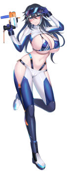1girl absurdres bikini black_hair blue_eyes bodysuit borrowed_character breasts closed_mouth collared_shrug diving_mask diving_suit full_body goggles highres holding kutan large_breasts long_hair looking_at_viewer nagika_umino_(ibis1) navel original revealing_clothes scuba_gear short_hair_with_long_locks shrug_(clothing) solo swimsuit water_gun wetsuit white_shrug