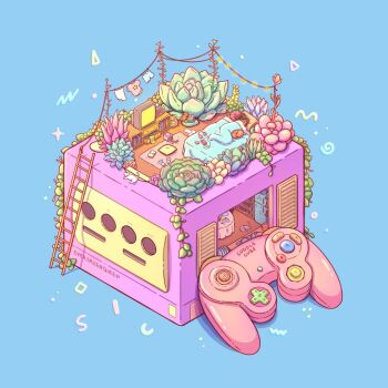 animal artist_name bed bedroom black_hair blue_background book cassette_player cat crt english_text evergreenqveen game_console gamecube gamecube_controller headphones isometric ladder lying open_book original pillow plant sleeping slippers solo string_lights succulent_plant