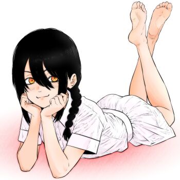 1girl bare_arms bare_legs barefoot black_hair blush braid braided_ponytail chainsaw_man collared_shirt commentary_request crossed_ankles feet_up full_body hair_between_eyes hands_on_own_cheeks hands_on_own_face highres isuke_(isuke_now) loli looking_at_viewer lying mole mole_under_eye nayuta_(chainsaw_man) on_stomach ringed_eyes shirt shirt_tucked_in short_sleeves sidelocks skirt smile soles solo the_pose toes white_shirt white_skirt yellow_eyes