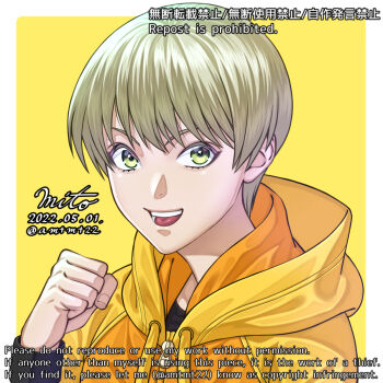 1girl amatsu_mito androgynous blonde_hair border clenched_hand commentary_request dated drawstring eyelashes fingernails green_eyes highres hood hood_down huang_pao-lin mixed-language_text open_mouth portrait reverse_trap short_hair signature simple_background smile solo teeth tiger_&amp;_bunny tomboy very_short_hair white_border yellow_background