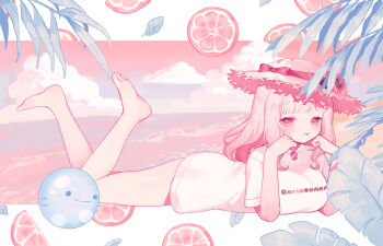 1girl bare_legs barefoot blush bow breasts brown_hat closed_mouth commentary full_body hat hat_bow head_rest highres large_breasts legs_up long_hair looking_at_viewer lying nijisanji no_pants on_stomach pink_hair red_bow red_eyes shiina_yuika shirt solo straw_hat sun_hat the_pose tokareta_tamago virtual_youtuber white_shirt