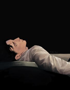 1boy bath bathing bathtub black_hair collared_shirt highres higuruma_hiromi in_bathtub jujutsu_kaisen lutaro77 male_focus shirt solo