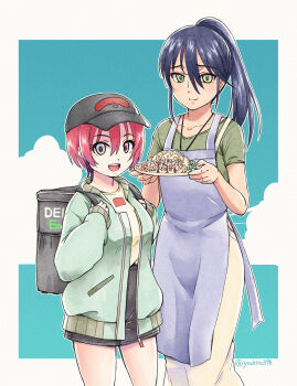 2girls amate_yuzuriha apron aqua_eyes backpack bag bob_cut border brand_name_imitation closed_mouth cloud collarbone commentary_request cowboy_shot gquuuuuux green_jacket gundam gundam_gquuuuuux hainanese_chicken_rice hair_between_eyes height_difference high-waist_shorts highres holding holding_plate holding_strap insulated_delivery_bag jacket looking_at_viewer multiple_girls nyaan_(gundam_gquuuuuux) ooshiro_youkou open_clothes open_jacket open_mouth outline outside_border paper_texture plate ponytail purple_apron raised_inner_eyebrows red_hair shirt shorts smile t-shirt twitter_username uber_eats visor_cap white_border white_outline