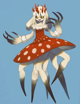 1girl antlers black_sclera blonde_hair blue_background claws colored_sclera colored_skin daon_(kenta111881) dress fly_agaric full_body fur-trimmed_dress fur_cuffs fur_trim hands_up highres horns long_fingers long_hair looking_at_viewer monster_girl multicolored_skin multiple_legs mushroom mushroom_girl no_feet off_shoulder open_mouth original oversized_limbs red_dress sidelocks simple_background solo standing strapless yellow_eyes