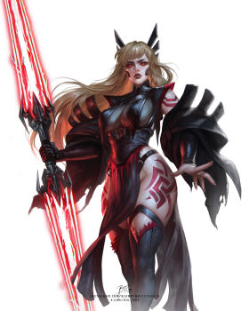 1girl blonde_hair blondynkitezgraja breasts commentary english_commentary gloves highres holding holding_weapon long_hair looking_at_viewer magik's_crown magik_(x-men) marvel red_eyes revealing_clothes solo star_wars weapon x-men