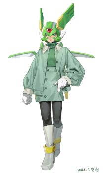 1boy commentary crossdressing crossdressing_(mtf) english_commentary facial_mark forehead_jewel full_body green_eyes green_helmet green_jacket green_skirt green_sweater head_wings helmet highres jacket mechanical_wings mega_man_(series) mega_man_zero_(series) mr_cairox sage_harpuia_(mega_man) simple_background skirt solo standing sweater white_background wings