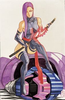 1girl acecore2k blue_eyes boots breasts bridal_gauntlets commentary english_commentary glowing glowing_sword glowing_weapon highleg highleg_leotard highres holding holding_sword holding_weapon katana large_breasts leotard long_hair looking_at_viewer marker_(medium) marvel one_eye_closed parted_lips psylocke purple_boots purple_bridal_gauntlets purple_hair purple_leotard red_sash robot sash sentinel_(x-men) sheath sitting solo sword thigh_boots thigh_strap traditional_media unsheathing waist_sash weapon white_background x-men