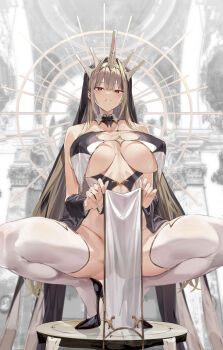 1girl bare_shoulders black_footwear black_headwear breast_curtains breasts brown_hair clothes_lift commentary covered_erect_nipples double-parted_bangs hair_between_eyes hair_intakes hair_ornament high_heels highres hiiragi_yuuichi huge_breasts long_hair looking_at_viewer no_panties nun open_mouth original pelvic_curtain pelvic_curtain_lift red_eyes revealing_clothes smile solo squatting thick_thighs thighhighs thighs veil white_thighhighs