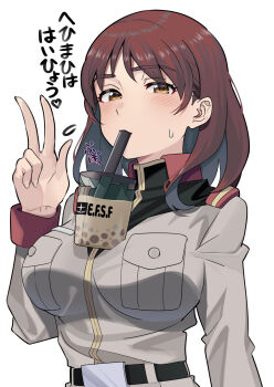 1girl belt blush breasts brown_eyes brown_hair bubble_tea bubble_tea_challenge drink drinking drinking_straw drinking_straw_in_mouth earth_federation_space_forces gundam gundam_lost_war_chronicles highres jacket large_breasts logo looking_at_viewer military military_uniform noel_anderson object_on_breast science_fiction short_hair solo sweatdrop upper_body v yamany