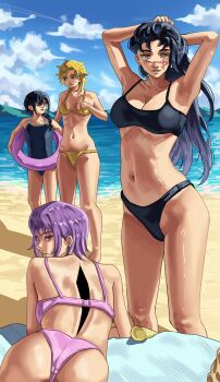 4girls alternate_costume arm_behind_head arms_up ass beach beach_towel bikini black_bikini black_hair blonde_hair blue_one-piece_swimsuit blue_sky breasts chainsaw_man cloud cloudy_sky day death_devil_(chainsaw_man) facial_scar fami_(chainsaw_man) famine_devil_(chainsaw_man) highres innertube long_hair lying medium_breasts medium_hair multiple_girls navel nayuta_(chainsaw_man) ocean on_stomach one-piece_swimsuit purple_bikini purple_hair raggumba sand scar scar_on_cheek scar_on_face scar_on_nose sky standing swim_ring swimsuit torn_skin towel yellow_bikini yoru_(chainsaw_man)