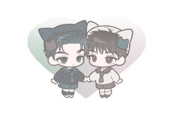 2boys absurdres animal_ears black_eyes black_hair black_socks blush cat_ears chibi chibi_only choi_wonjun_(mang-jong) commentary_request couple full_body gradient_background heart heart_background highres hkmi holding_hands kim_ieum_(mang-jong) male_focus mang-jong multiple_boys necktie polka_dot polka_dot_background sailor sailor_collar short_hair shorts socks white_background white_socks wzvrn