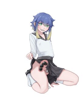 1boy absurdres anal anal_beads anal_object_insertion androgynous black_sailor_collar black_skirt blonde_hair blue_hair bright_pupils chastity_cage clothes_lift commentary_request cookie_(touhou) covered_erect_nipples crossdressing full_body green_eyes grin highres large_variant_set long_sleeves looking_at_viewer male_focus multicolored_hair nari-14 no_panties object_insertion penis sailor_collar school_uniform serafuku sex_toy sharp_teeth shiriri_(cookie) shirt short_hair sidelocks simple_background skirt skirt_lift smile socks solo squatting teeth testicles two-tone_hair uncensored variant_set white_background white_pupils white_shirt white_socks x-ray