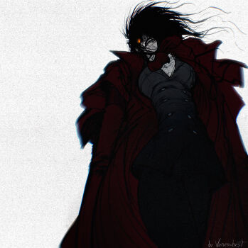 1girl alucard_(hellsing) black_hair boots breasts female_focus formal_clothes genderswap genderswap_(mtf) gloves hair_over_eyes hellsing highres jacket jacket_on_shoulders large_breasts long_hair magic smile smirk smug solo suit threatening vampire very_long_hair white_gloves