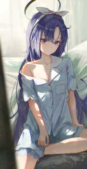 1girl absurdres animal_print bed_sheet black_halo blue_archive blue_pajamas bow cat_print closed_mouth collarbone commentary cowboy_shot dot_nose feet_out_of_frame frilled_pajamas frills frown hair_between_eyes hair_bow hair_intakes hairband halo head_tilt highres indoors light_particles long_hair looking_at_viewer official_alternate_costume official_alternate_hairstyle on_bed pajamas parted_bangs print_pajamas purple_eyes purple_hair shippo_(pixiv_18567314) short_sleeves sidelighting single_off_shoulder sitting sleepwear solo split_mouth white_bow white_hairband yuuka_(blue_archive) yuuka_(pajamas)_(blue_archive)
