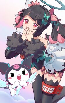 Rule 34 | 2girls, akaika (aka), bare shoulders, black hair, black thighhighs, bow, colored inner hair, commentary request, covering own mouth, crossover, dress, green bow, green halo, hair bow, halo, highres, kuromi, looking at viewer, multicolored hair, multiple girls, multiple hair clips, my melody (series), nangong yu, necktie, pink hair, red eyes, red nails, sanrio, simple background, thighhighs, twintails, white background, white dress, wings, zenless zone zero