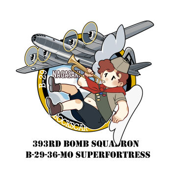 1boy aircraft airplane angel_boy angel_wings atomic_bombings_of_hiroshima_and_nagasaki b-29 b-29_superfortress badge black_shorts bockscar_(b-29_superfortress) bomber boy_scout brown_hair brown_shirt brown_shoes bugle english_text fat_man_(nuclear_bomb) garrison_cap hat highres historical_event holding instrument military_vehicle nagasaki neckerchief original personification pun red_neckerchief shirt shoes shorts strategic_bomber t-shirt wings world_war_ii yorktown_cv-5