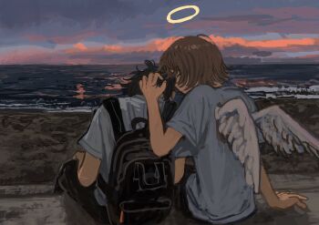 2024 2boys angel angel_wings arm_support backpack bag beach black_bag black_hair black_pants brown_hair closed_mouth cloud commentary_request dusk feathered_wings from_behind halo hand_on_another's_head highres horizon minahamu multiple_boys ocean original outdoors pants sad shirt short_hair short_sleeves sitting sky t-shirt tearing_up traditional_halo white_shirt wings