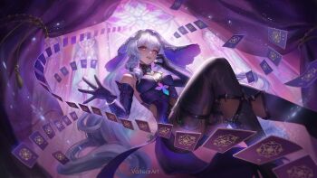 1girl armpit_crease artist_name black_gloves black_pantyhose black_swan_(honkai:_star_rail) breasts card commentary curtains detached_sleeves dress english_commentary feet_out_of_frame gloves hair_between_eyes honkai:_star_rail honkai_(series) long_hair looking_at_viewer medium_breasts open_hand pantyhose parted_lips purple_dress purple_eyes purple_hair purple_veil reaching reaching_towards_viewer skin_tight smile solo stained_glass tarot tarot_card too_many_cards valtear veil