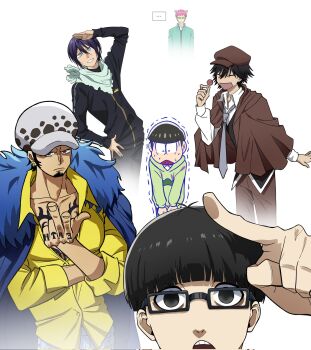 Rule 34 | ..., 6+boys, aaaa666q, bandana, bandana around neck, black-framed eyewear, black eyes, black hair, black track suit, blue bandana, blue eyes, blue lock, bowl cut, brown capelet, brown hair, brown hat, bungou stray dogs, candy, capelet, chest tattoo, collared shirt, crown print, earrings, edogawa ranpo (bungou stray dogs), ego jinpachi, facial hair, feather coat, finger tattoo, food, goatee, green-tinted eyewear, green hoodie, hat, highres, holding, holding candy, holding food, holding lollipop, hood, hoodie, jewelry, kamiya hiroshi, lollipop, long sleeves, male focus, matsuno choromatsu, multiple boys, necktie, noragami, one piece, osomatsu-san, osomatsu (series), pink hair, pk academy school uniform, purple hair, saiki kusuo, saiki kusuo no psi nan, salute, school uniform, shirt, short hair, sideburns, simple background, tattoo, tinted eyewear, track suit, trafalgar law, voice actor connection, white background, white hat, white shirt, wide-eyed, yato (noragami), yellow shirt