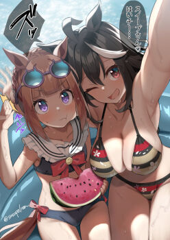 2girls ;d ahoge alternate_hairstyle animal_ears arm_up armpits bikini black_bikini black_hair breasts brown_hair closed_mouth commentary_request eating eyewear_on_head food from_above fruit highres hitting horse_ears horse_girl horse_tail kitasan_black_(umamusume) large_breasts looking_at_viewer multicolored_hair multiple_girls one_eye_closed open_mouth outstretched_arm purple_eyes red_eyes revision sasanon_(sasapoliton) selfie short_hair sidelocks small_breasts smile speech_bubble streaked_hair striped_bikini striped_clothes sunglasses sweat sweep_tosho_(umamusume) swimsuit tail translation_request umamusume watermelon watermelon_slice white_hair