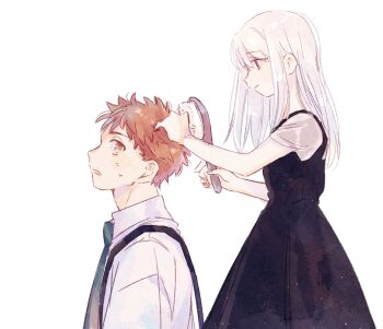 1boy 1girl adoptive_siblings black_dress breasts brother_and_sister brushing_another's_hair brushing_hair brushing_own_hair commentary_request dress emiya_shirou fate/stay_night fate_(series) hair_brush highres illyasviel_von_einzbern looking_at_another machi_(uqyjee) necktie orange_hair red_eyes shirt siblings small_breasts smile white_hair white_shirt