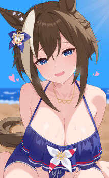 1girl absurdres bad_source beach blurry blurry_background blush braid breasts cheval_grand_(summer_calm_navy_drop)_(umamusume) cheval_grand_(umamusume) cleavage collarbone furrowed_brow hair_between_eyes hair_ornament half_up_braid heart heart-shaped_pupils highres horse_girl jewelry large_breasts looking_at_viewer necklace ocean official_alternate_costume official_alternate_hairstyle open_mouth shy solo sweat swimsuit symbol-shaped_pupils tsubame_tien umamusume wavy_mouth