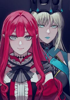 Rule 34 | 2girls, adoptive parent and adoptive child, ascot, baobhan sith (fate), baobhan sith (first ascension) (fate), black background, black crown, black dress, black gloves, black ribbon, blue eyes, blue lips, center frills, closed mouth, commentary request, crown, detached collar, detached sleeves, dress, fate/grand order, fate (series), frills, gjtthflmaster, gloves, gold trim, grey ascot, grey eyes, grey hair, hair between eyes, hand on another's shoulder, korean commentary, lipstick, long hair, looking ahead, looking at viewer, makeup, morgan le fay (fate), morgan le fay (queen of winter) (fate), mother and daughter, multiple girls, neck ribbon, pointy ears, red dress, red hair, ribbon, serious, simple background, slit pupils, smile, spikes, upper body