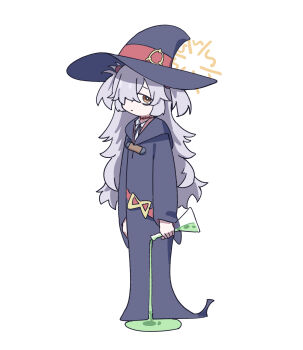 1girl adon_(dufaladanidu) arms_at_sides bags_under_eyes belt belt_buckle black_robe blue_archive buckle collared_shirt cosplay erlenmeyer_flask flask full_body grey_hair hair_over_one_eye halo hat highres holding holding_flask hood hood_down kanoe_(blue_archive) liquid little_witch_academia long_bangs long_hair long_sleeves looking_at_viewer luna_nova_school_uniform messy_hair orange_eyes parted_bangs red_belt robe scar scar_on_neck school_uniform shirt short_twintails sidelocks sideways_glance simple_background solo spilling sucy_manbavaran sucy_manbavaran_(cosplay) trait_connection twintails very_long_hair white_background white_shirt wide_sleeves witch witch_hat yellow_halo