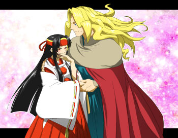 Rule 34 | 1boy, 1girl, black hair, blonde hair, blush, bow, capcom, cape, crossover, dress, gill (street fighter), hair bow, highres, holding hands, hug, japanese clothes, long hair, m.u.g.e.n, miko, rashoujin mizuki, red dress, samurai spirits, smile, snk, street fighter