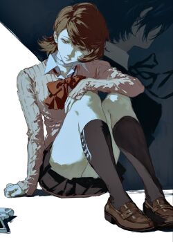 1boy 1girl arm_support black_skirt black_socks bow bowtie brown_eyes brown_hair brown_shoes cardigan choker collared_shirt earrings evoker eyelashes flipped_hair full_body gekkoukan_high_school_uniform gyaru hand_on_own_knee heart heart_choker highres jewelry jing_zhi_kaoxiang_yu_re_zhong kneehighs knees_up long_sleeves looking_down loose_bowtie miniskirt persona persona_3 persona_3_reload pink_cardigan pleated_skirt red_bow red_bowtie ribbed_cardigan school_uniform shirt shoes short_hair sitting skirt sleeves_past_wrists socks stud_earrings swept_bangs takeba_yukari thighs white_choker white_shirt yuuki_makoto_(persona_3)