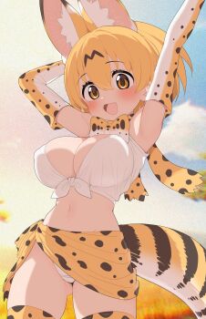 1girl animal_ears animal_print bikini blonde_hair blush bow bowtie breasts cleavage elbow_gloves extra_ears fangs gloves highres kemono_friends large_breasts looking_at_viewer navel open_mouth orange_bow orange_bowtie print_bow print_bowtie print_gloves print_sarong ransusan sarong serval_(kemono_friends) shirt short_hair smile striped_tail swimsuit tail thighhighs tied_shirt two-tone_bow two-tone_bowtie white_bikini white_bow white_bowtie