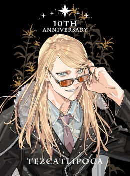 1boy adjusting_eyewear anniversary arm_up black_background black_coat black_jacket black_nails blonde_hair blue_eyes character_name coat coat_on_shoulders collared_shirt commentary_request english_text fate/grand_order fate_(series) flower fur-trimmed_coat fur_trim grin jacket long_hair long_sleeves looking_at_viewer male_focus nail_polish necktie orange-tinted_eyewear parted_hair purple_necktie shirt simple_background smile solo star_(symbol) starshadowmagician sunglasses tezcatlipoca_(celebratory_attire)_(fate) tezcatlipoca_(fate) tinted_eyewear upper_body white_shirt yellow_flower