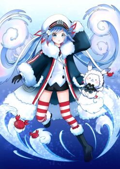 Rule 34 | 1girl, 1other, :3, animal, aqua eyes, aqua hair, arm up, binoculars, black coat, black gloves, black necktie, black shorts, blush, closed mouth, coat, collared shirt, commentary request, crab, fish, fur-trimmed coat, fur-trimmed sleeves, fur trim, gloves, gradient hair, hair between eyes, hair ornament, hair ribbon, hat, hatsune miku, highres, holding, holding binoculars, jacket, long hair, long sleeves, looking at viewer, multicolored hair, necktie, official alternate costume, official alternate hairstyle, open mouth, peaked cap, rabbit, rabbit yukine, red ribbon, red shirt, ribbon, sahomiori, sailor hat, shirt, short shorts, shorts, solo, striped clothes, striped thighhighs, thighhighs, twintails, very long hair, vocaloid, white hair, white jacket, yuki miku, yuki miku (2022), zettai ryouiki