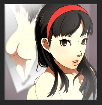 1girl amagi_yukiko ass black_hair brown_eyes butt_crack dimples_of_venus gluteal_fold hairband long_hair looking_at_viewer mirror nude persona persona_4 selfie shin_megami_tensei solo sunbeam_(artist)