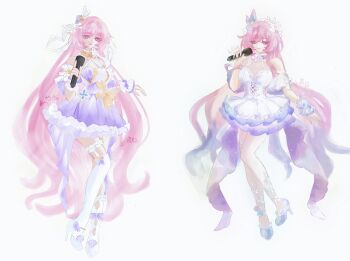 Rule 34 | 2girls, alternate costume, bare shoulders, breasts, company connection, cyrene (demiurge) (honkai: star rail), cyrene (honkai: star rail), detached sleeves, diamond-shaped pupils, diamond (shape), dress, elf, elysia (herrscher of human: ego) (honkai impact), elysia (honkai impact), flower, frilled thigh strap, full body, hair flower, hair ornament, high heels, highres, holding, holding microphone, honkai: star rail, honkai (series), honkai impact 3rd, inoue marina, large breasts, long hair, looking at viewer, microphone, multicolored hair, multiple girls, pink hair, pointy ears, purple dress, purple eyes, purple hair, simple background, smile, symbol-shaped pupils, thigh strap, thighhighs, triquetra, two-tone hair, very long hair, voice actor connection, white background, white dress, white hair, white thighhighs, yanning, yu diandian