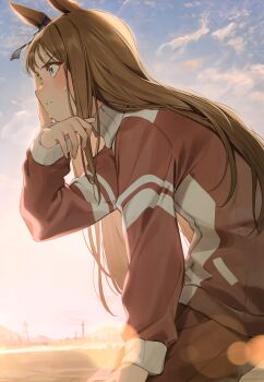 1girl absurdres animal_ears blue_eyes blue_sky blush brown_hair cloud cowboy_shot from_side grass_wonder_(umamusume) hand_on_own_knee highres horse_ears horse_girl jacket lens_flare long_hair long_sleeves looking_ahead nyum outdoors pants red_jacket red_pants sky solo sweat third-party_source tracen_training_uniform track_jacket track_pants twilight umamusume