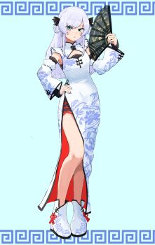 1girl alternate_costume blue_background blue_eyes blue_nails blush china_dress chinese_clothes cleavage_cutout clothing_cutout commentary_request detached_sleeves dress earrings flat_chest floral_print full_body hair_ribbon hair_rings hand_fan hand_on_own_hip highres holding holding_fan jewelry ribbon rwby ryoha_kosako scar scar_across_eye scar_on_face shoes side_slit solo standing weiss_schnee white_dress white_hair white_shoes