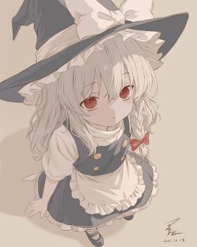 Rule 34 | 1girl, absurdres, apron, black hat, black shoes, black skirt, black vest, bow, buttons, commentary request, dated, frilled apron, frilled hat, frilled skirt, frills, from above, full body, grey hair, hair bow, hat, hat bow, highres, iris-san, kirisame marisa, light blush, light frown, long hair, looking at viewer, mary janes, red bow, red eyes, shirt, shoes, short sleeves, signature, skirt, socks, solo, standing, touhou, vest, waist apron, white apron, white background, white bow, white shirt, white socks, witch hat