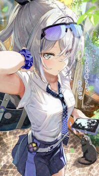 1girl black_necktie blue-tinted_eyewear blue_skirt breasts cat cowboy_shot eyewear_on_head grey_eyes grey_hair highres honkai:_star_rail honkai_(series) kabu_usagi miniskirt necktie shirt silver_wolf_(honkai:_star_rail) skirt solo tinted_eyewear translation_request white_shirt