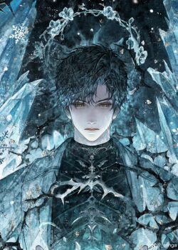 Rule 34 | 1boy, absurdres, black hair, black shirt, brooch, chinese commentary, coat, curtained hair, facing viewer, flower halo, frost, green eyes, hair between eyes, halo, halo behind head, highres, ice, jewelry, lapels, lips, looking at object, love and deepspace, male focus, notched lapels, open clothes, open coat, parted lips, renga (artist), shards, shirt, short hair, snowflakes, solo, straight-on, thorns, transparent halo, turtleneck, turtleneck shirt, upper body, watermark, weibo watermark, white coat, zayne (love and deepspace)