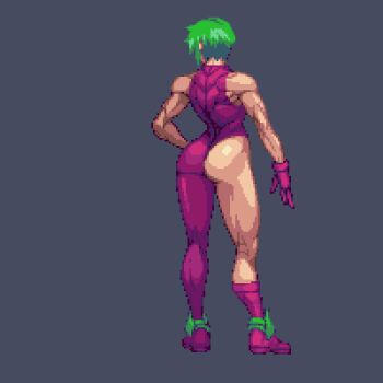 1girl abs adapted_costume animated animated_gif arm_cannon armor ass ass_cutout asymmetrical_ass asymmetrical_ass_cutout asymmetrical_clothes asymmetrical_legwear bodysuit breasts cannon clothing_cutout commentary electricity energy energy_cannon energy_weapon english_commentary green_hair green_visor grey_background half_ass justin_bailey leotard metroid metroid_(classic) muscular muscular_arms muscular_back muscular_female muscular_legs nintendo omegachaino pixel_art power_armor power_suit_(metroid) revealing_clothes samus_aran short_hair sideboob simple_background solo thick_thighs thighs thong thong_leotard transformation uneven_legwear varia_suit weapon wedgie